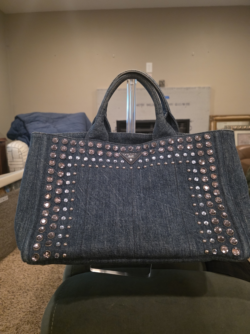 Prada Canapa Blue Studded Denim Tote - Picture 2 of 11